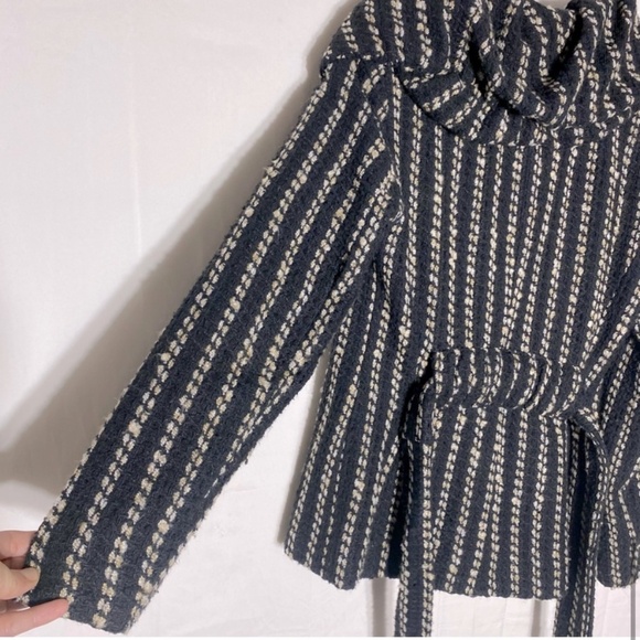 Zara Basic Black Cream Striped Textured Knit Bubble Collar Belted Jacket M - Picture 11 of 16